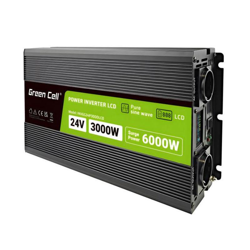 Green Cell puhdas siniaalto invertteri 3000W 24V LCD-näytöllä