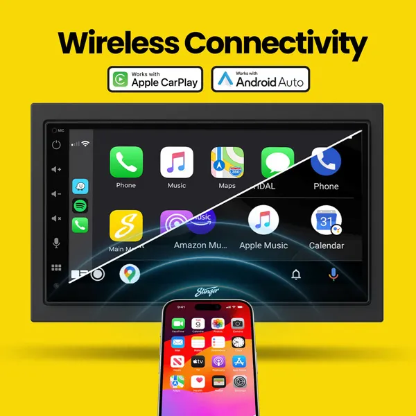 Stinger iE268E -soitin Apple CarPlay- ja Android Auto -näkymissä