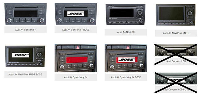 Audi A4:n yhteensopivat alkuperäissoittimet – Concert II, Navi CD, Navi Plus RNS-E ja Symphony II+